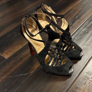 Christian Louboutin Black Suede Woven Peep-Toe Strappy Heels